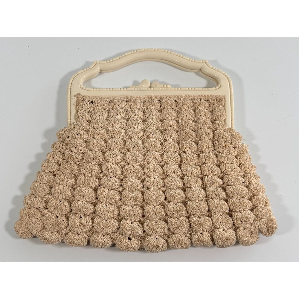 Vintage 1950s Beige Hand-Crocheted Purse Ivory Plastic Frame Matching Coin Pouch - Picture 2 of 12